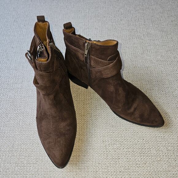 Nine West Brown Suede Feel Pointed Toe Buckle Detail Zip up Ankle Boots 9.5 M - Picture 2 of 9